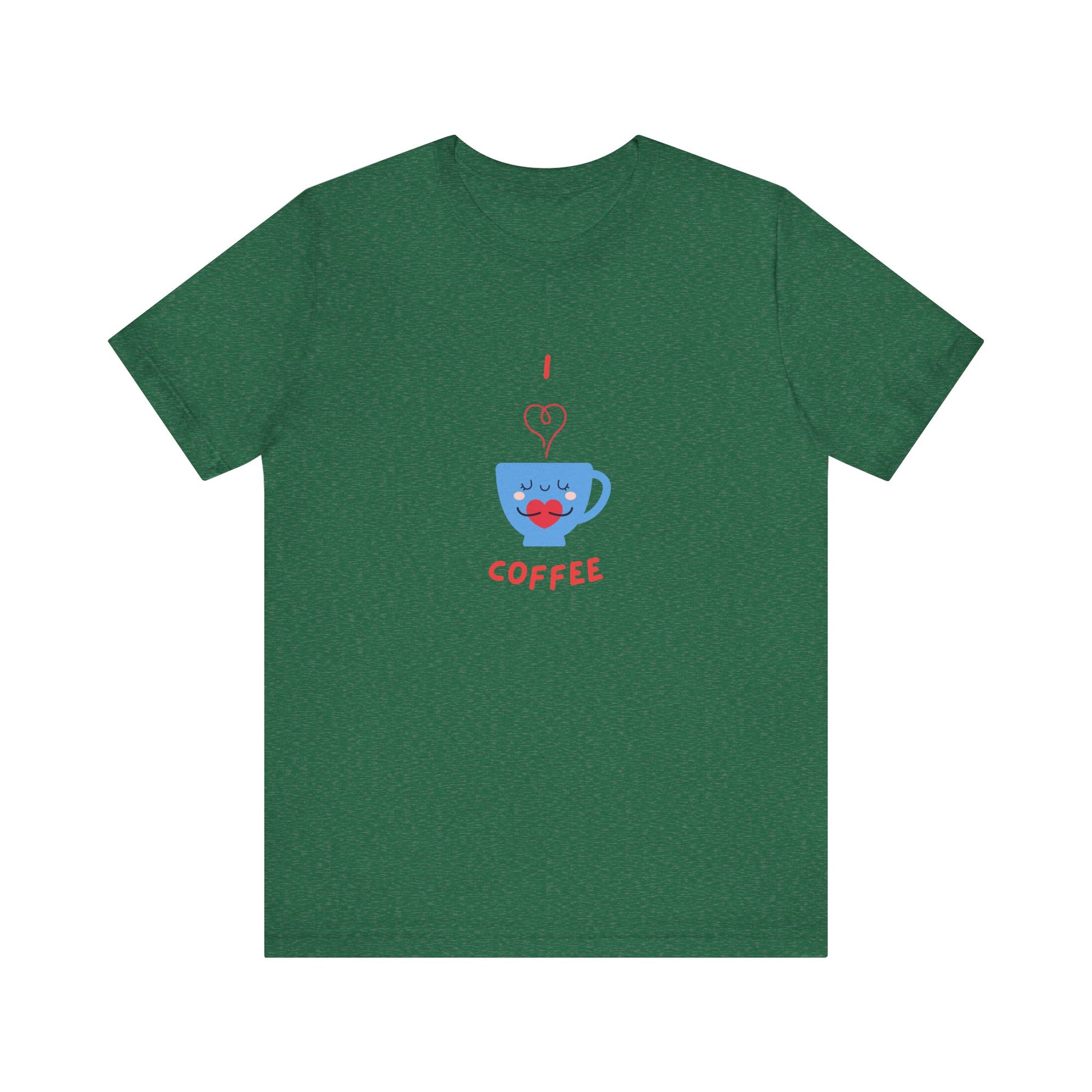 Green Printify T-shirt with cute coffee lover shirt design featuring a smiling blue coffee cup