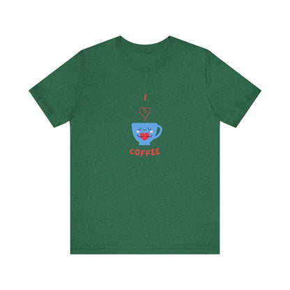 Green Printify T-shirt with cute coffee lover shirt design featuring a smiling blue coffee cup