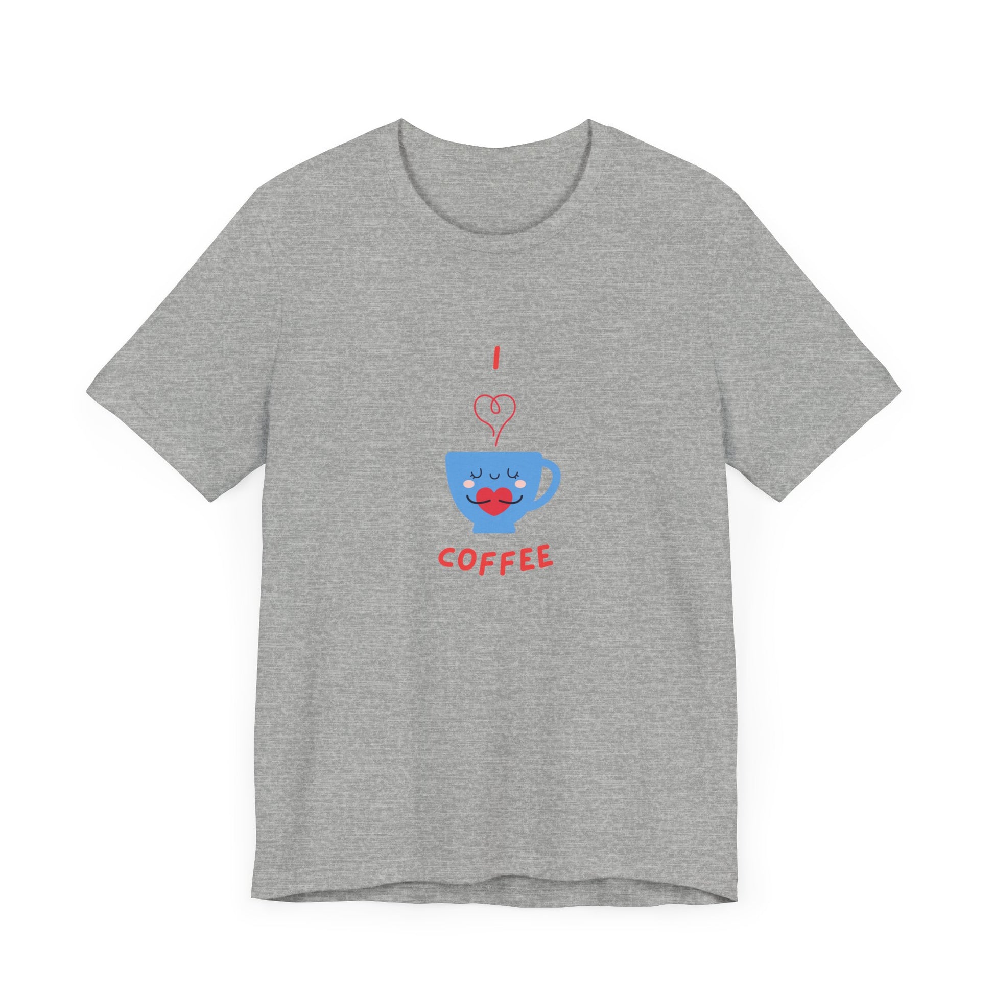 Gray Printify T-shirt with blue coffee cup and red text I heart coffee cute coffee lover shirt