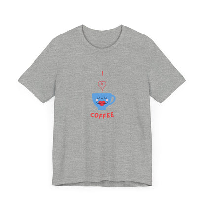 Gray Printify T-shirt with blue coffee cup and red text I heart coffee cute coffee lover shirt