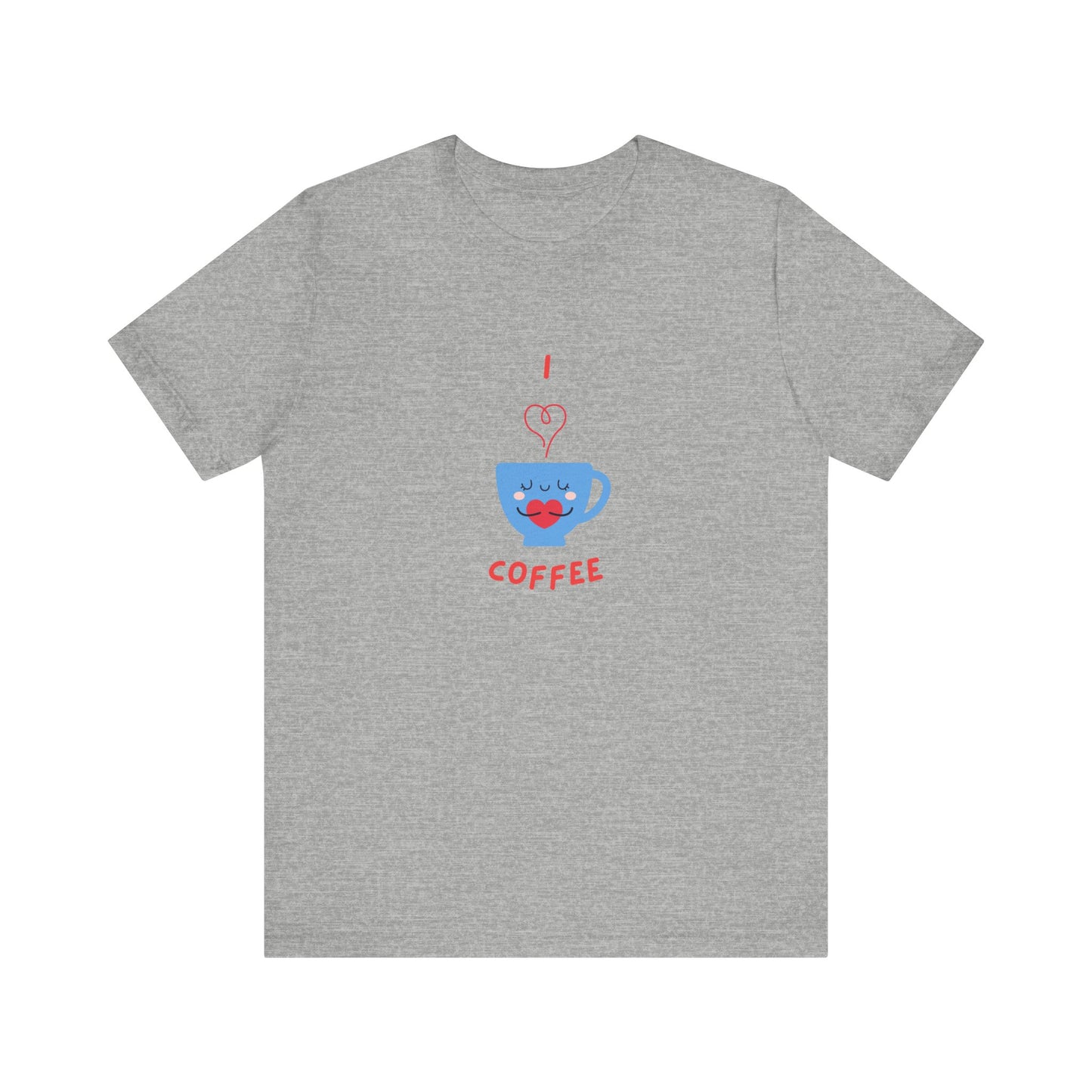 Gray Printify T-Shirt with cute coffee lover shirt design featuring a smiling blue coffee cup