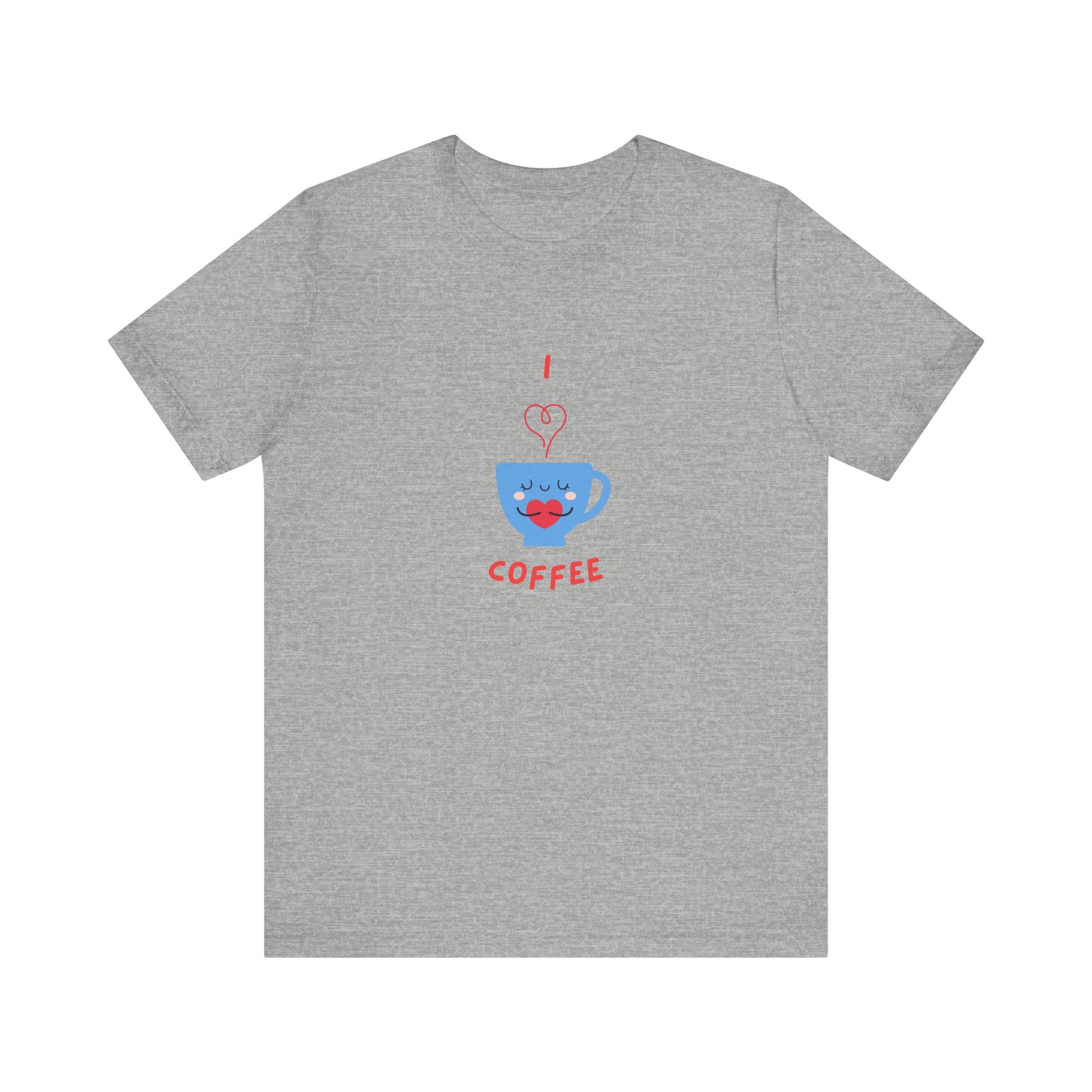 Gray Printify T-Shirt with cute coffee lover shirt design featuring a smiling blue coffee cup