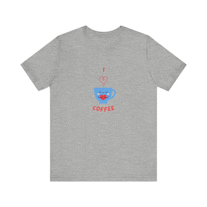 Gray Printify T-Shirt with cute coffee lover shirt design featuring a smiling blue coffee cup