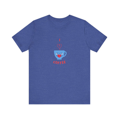 Blue Printify T-shirt with cute coffee lover shirt design featuring a happy coffee cup graphic