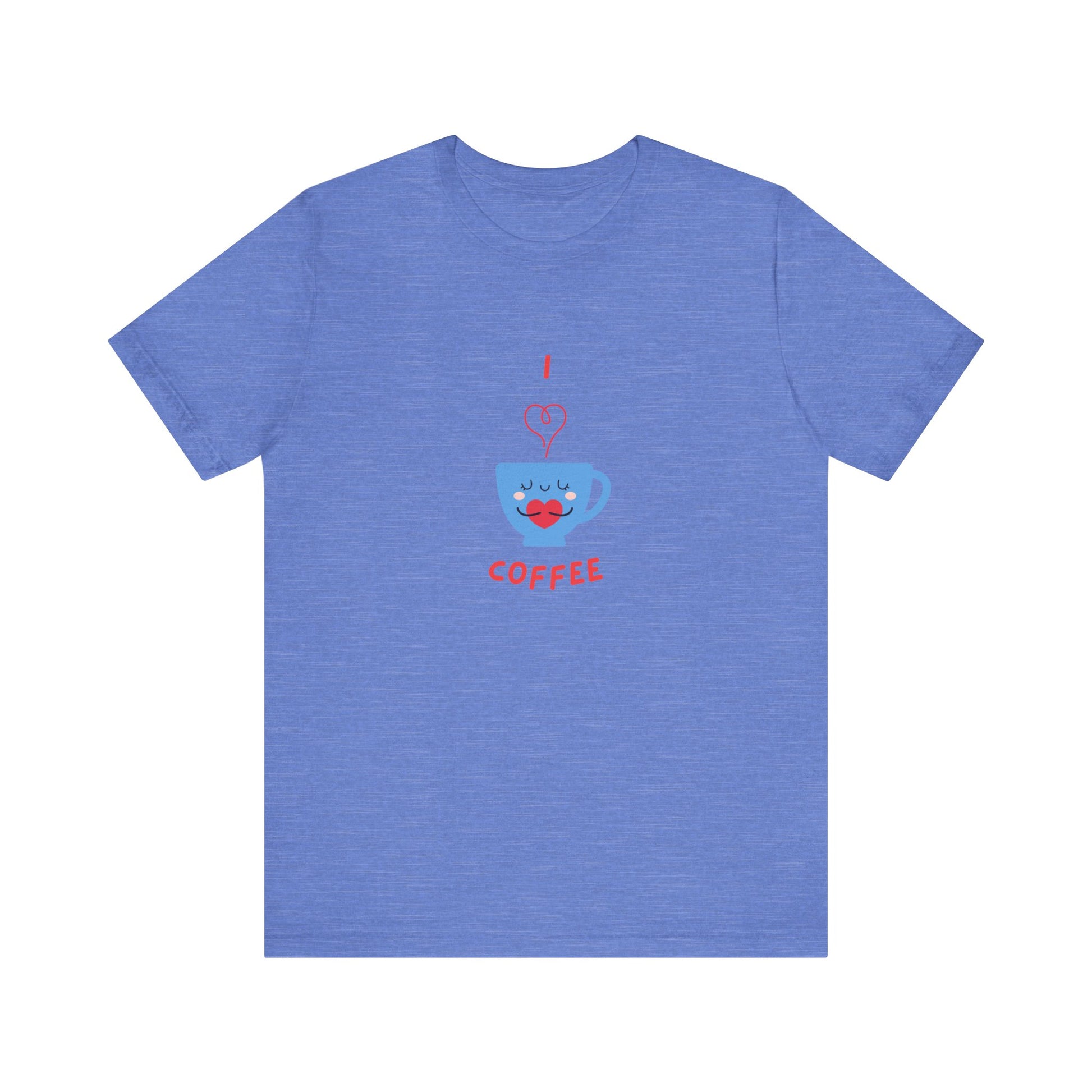 Blue Printify T-shirt with cute coffee lover shirt design featuring a smiling coffee cup graphic