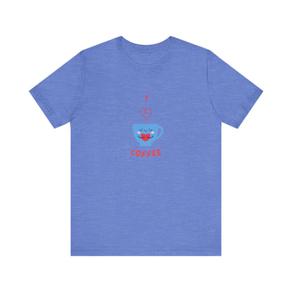 Blue Printify T-shirt with cute coffee lover shirt design featuring a smiling coffee cup graphic