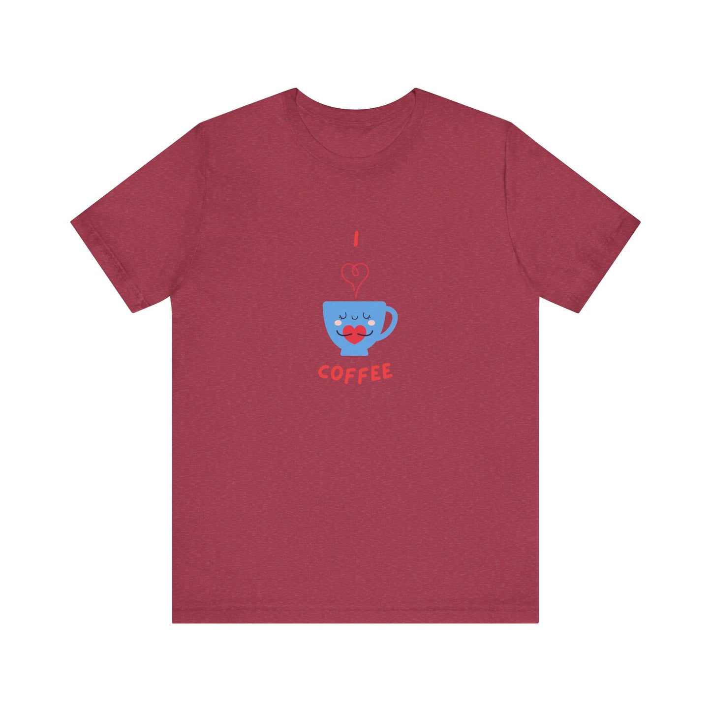 Printify cute coffee lover shirt with blue coffee cup graphic on a maroon t-shirt
