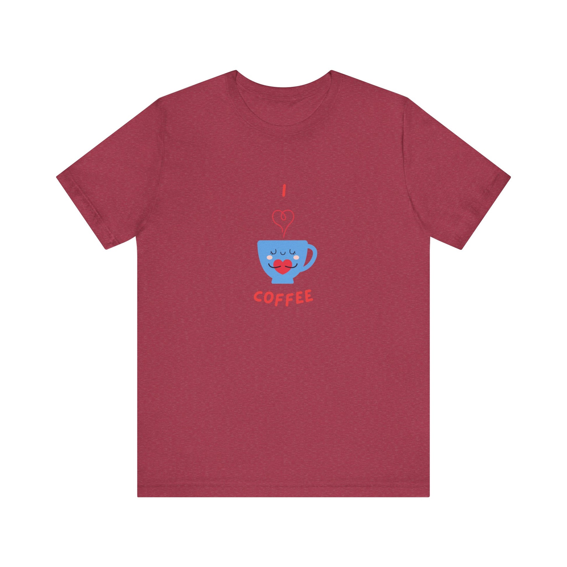 Printify cute coffee lover shirt with blue coffee cup graphic on a maroon t-shirt
