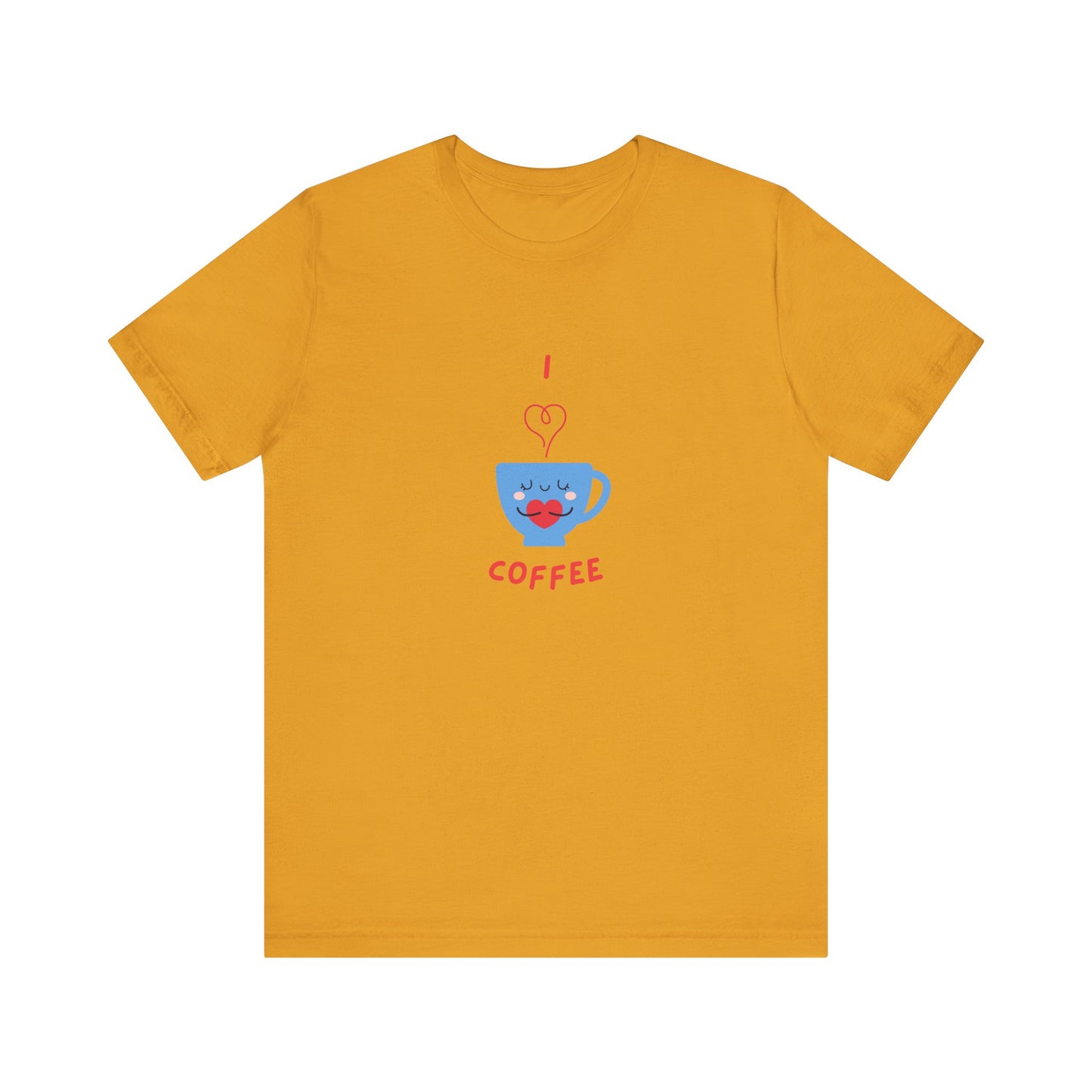 Printify yellow T-shirt with cute coffee lover shirt design featuring a smiling blue coffee cup