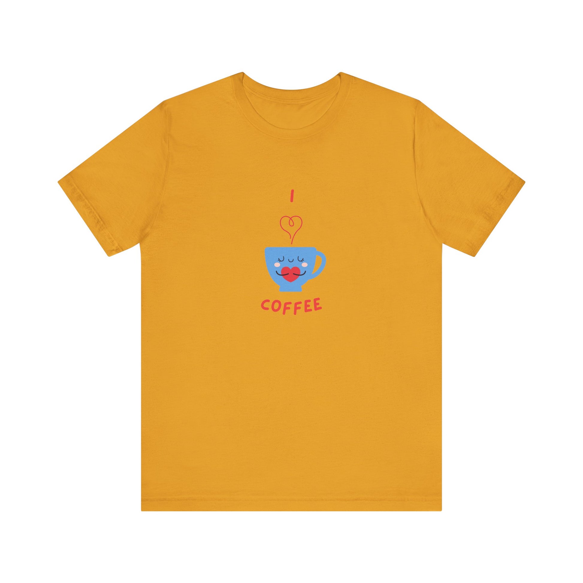 Printify yellow T-shirt with cute coffee lover shirt design featuring a smiling blue coffee cup