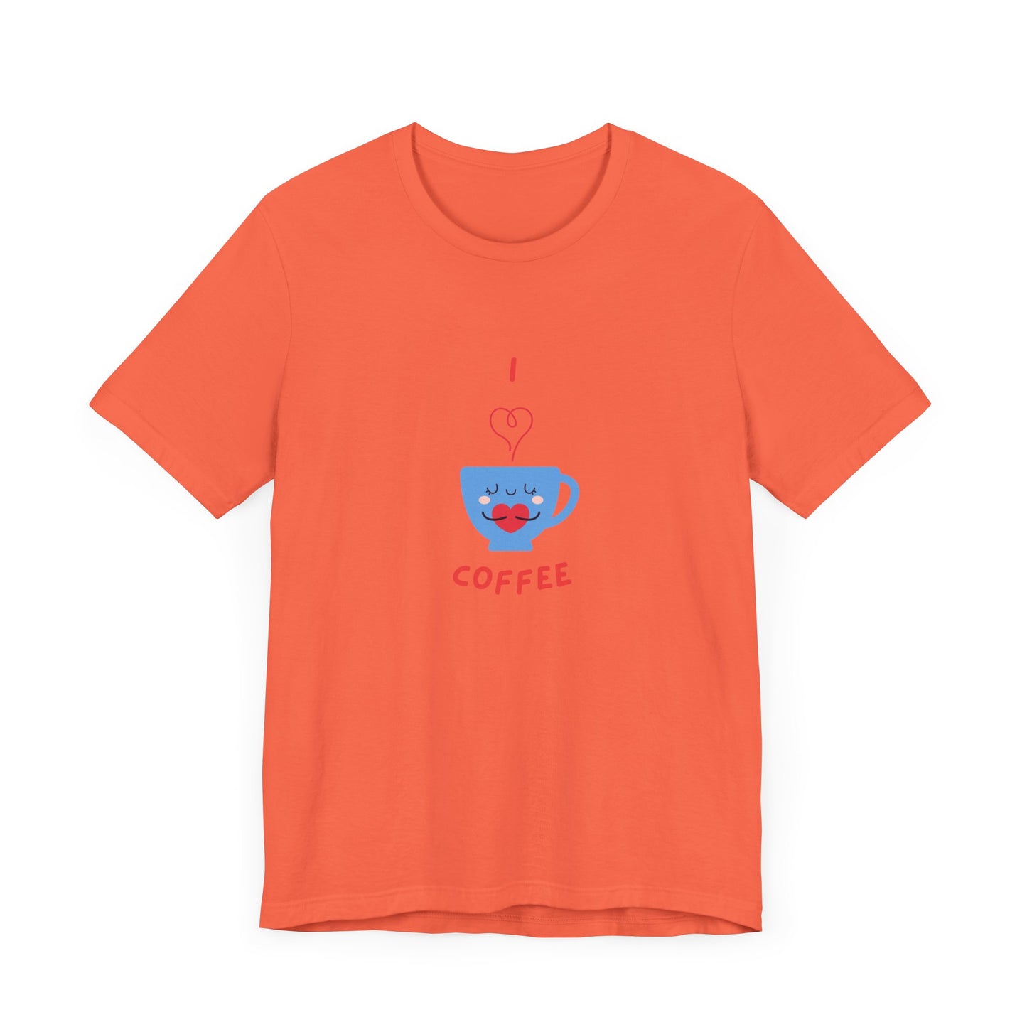 Orange Printify t-shirt with cute coffee lover shirt design featuring a smiling blue coffee cup