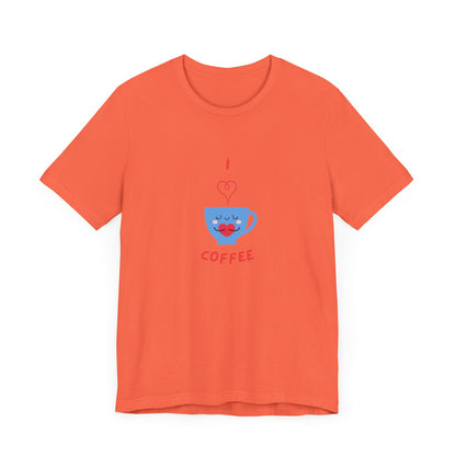 Orange Printify t-shirt with cute coffee lover shirt design featuring a smiling blue coffee cup