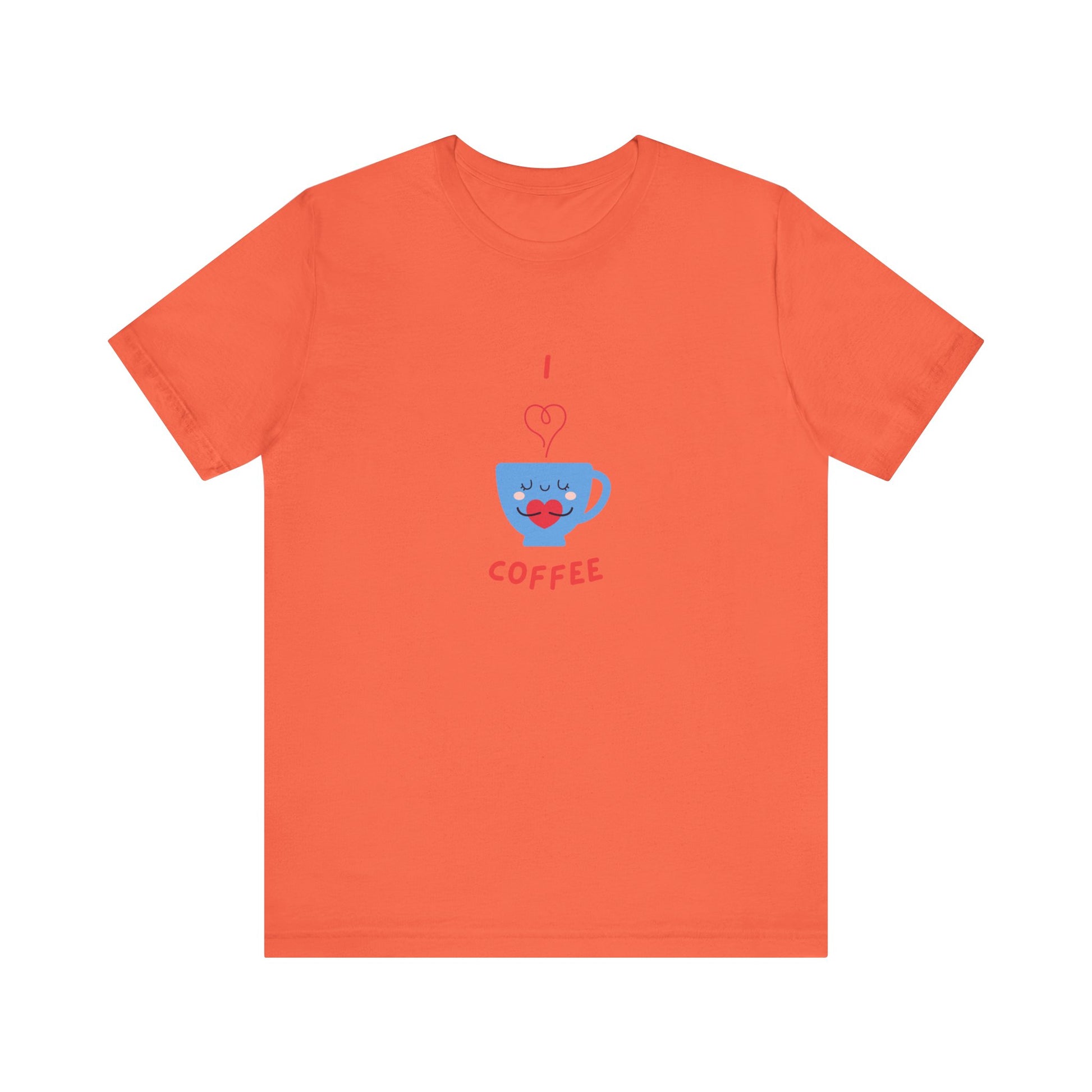 Orange T-shirt with blue coffee cup graphic and text for cute coffee lover shirt