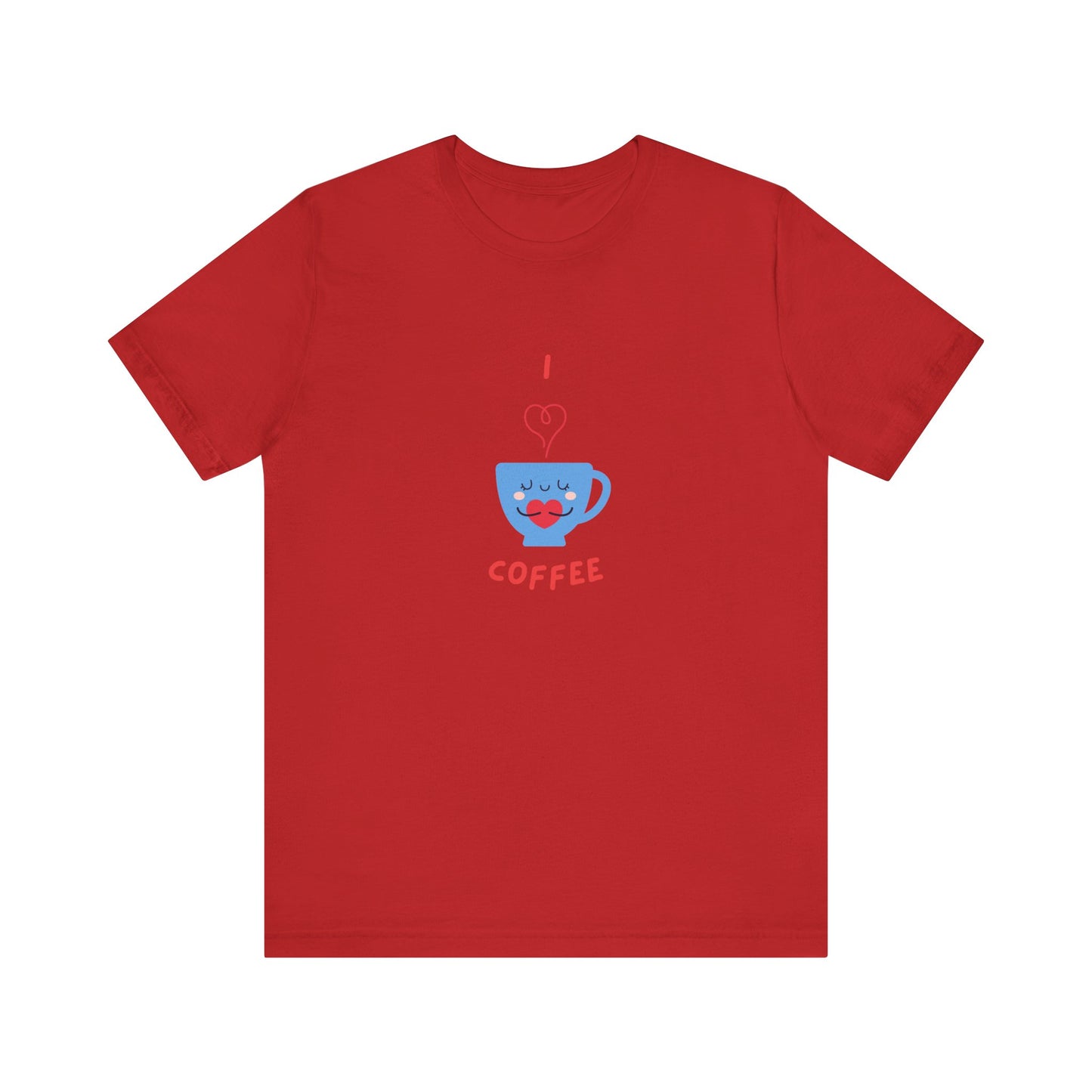 Red Printify t-shirt with cute coffee lover shirt design featuring a smiling coffee cup