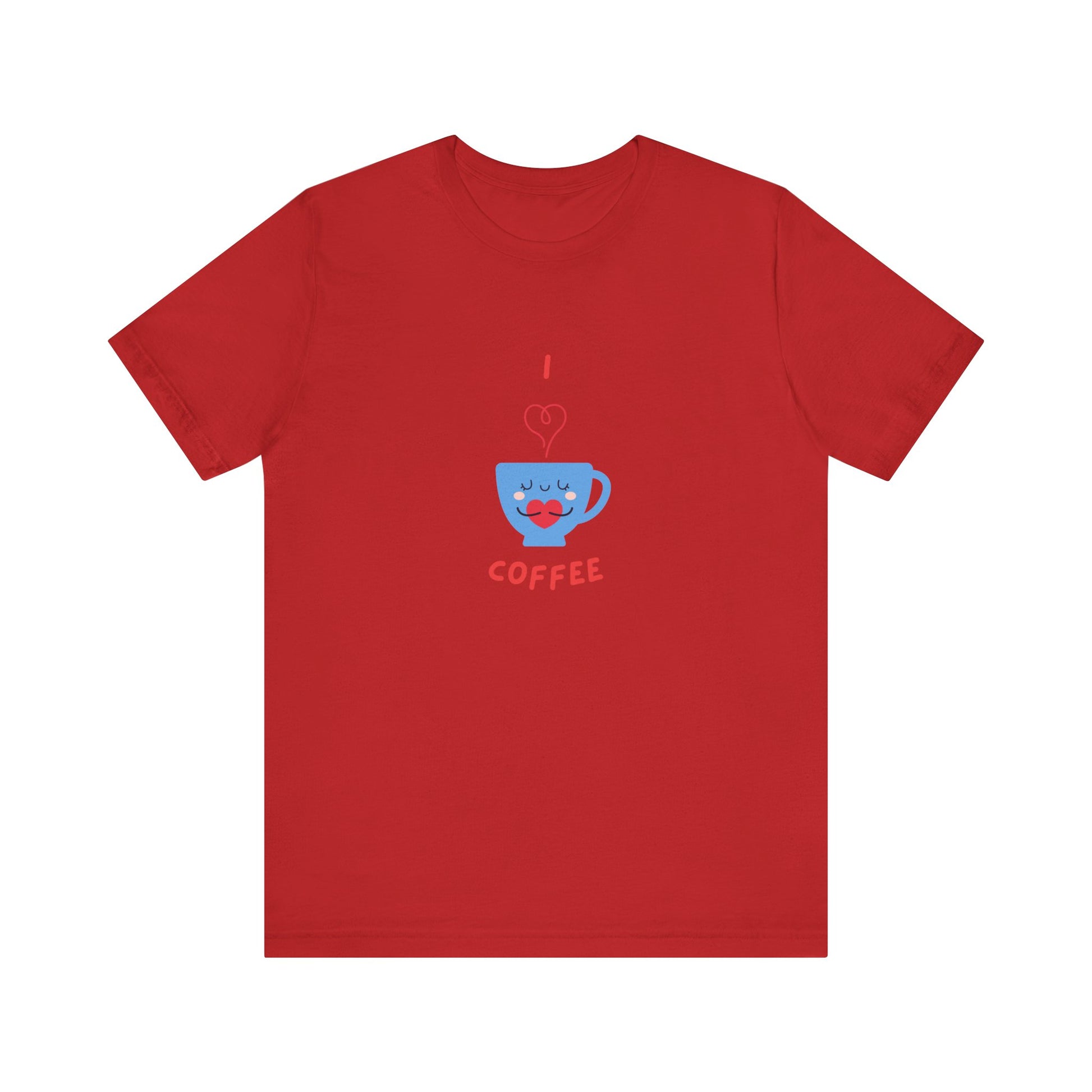 Red Printify t-shirt with cute coffee lover shirt design featuring a smiling coffee cup