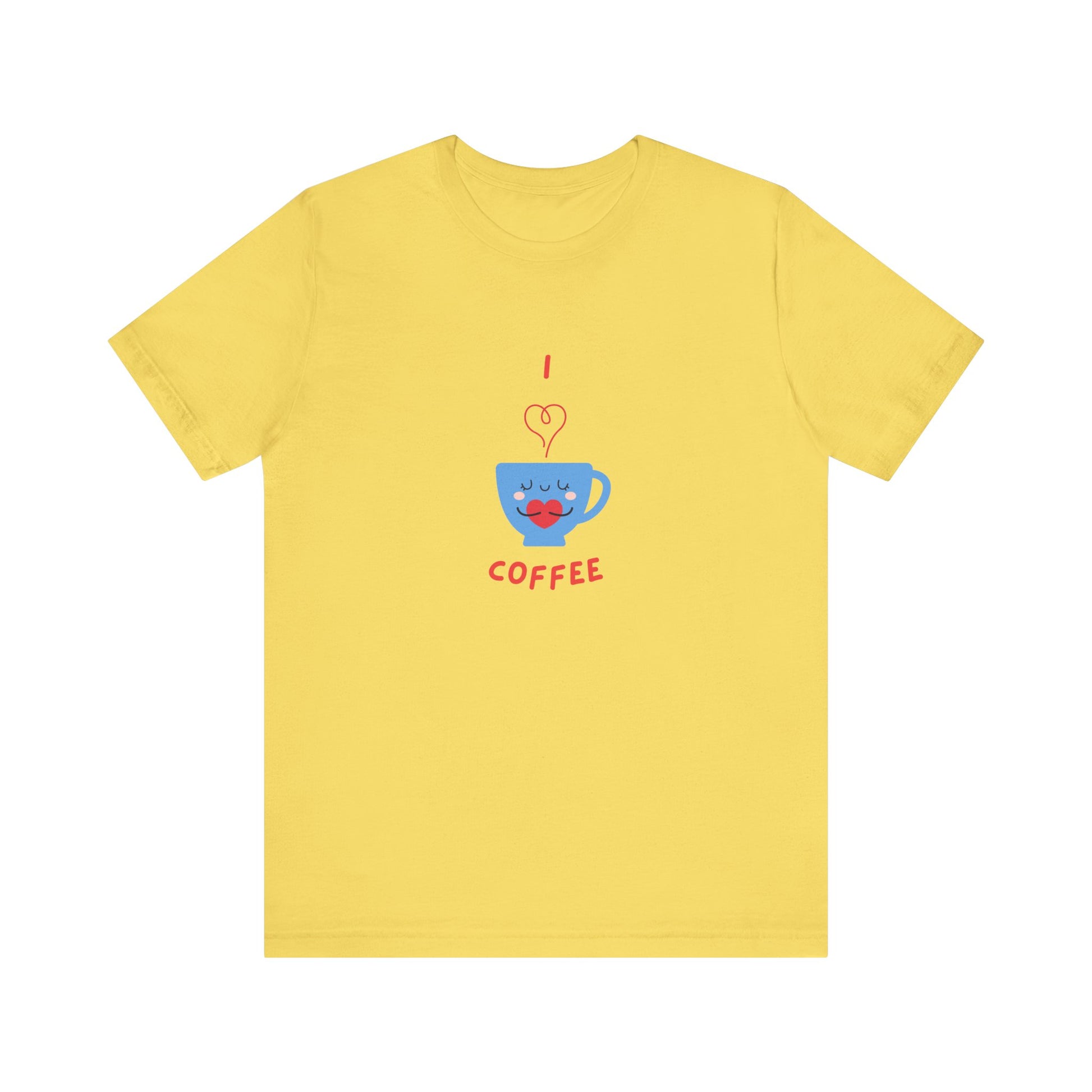 Yellow Printify T-Shirt with cute coffee lover shirt design featuring a smiling blue coffee cup