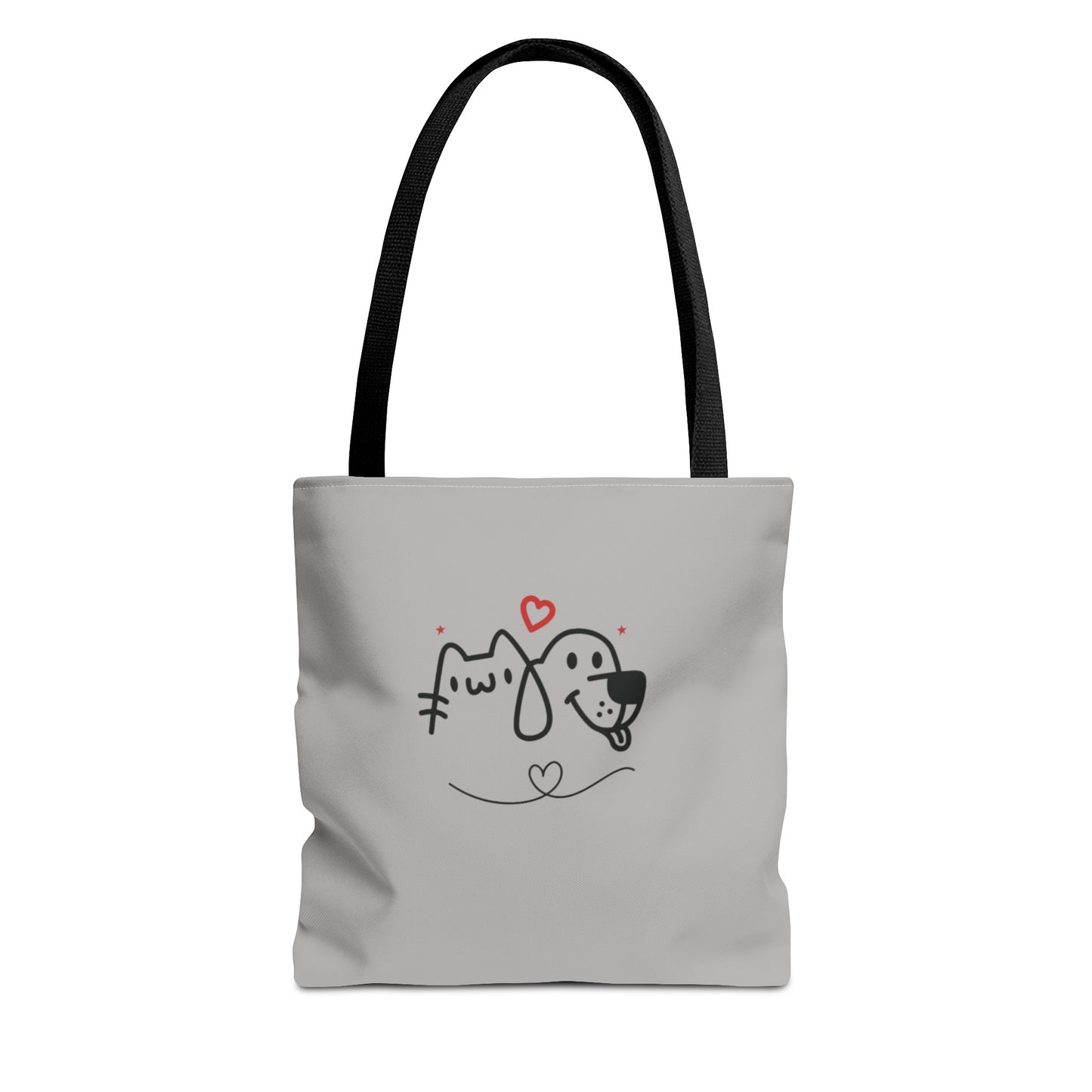 Printify cute dog lover tote bag with black handles and a simple cat and dog heart design