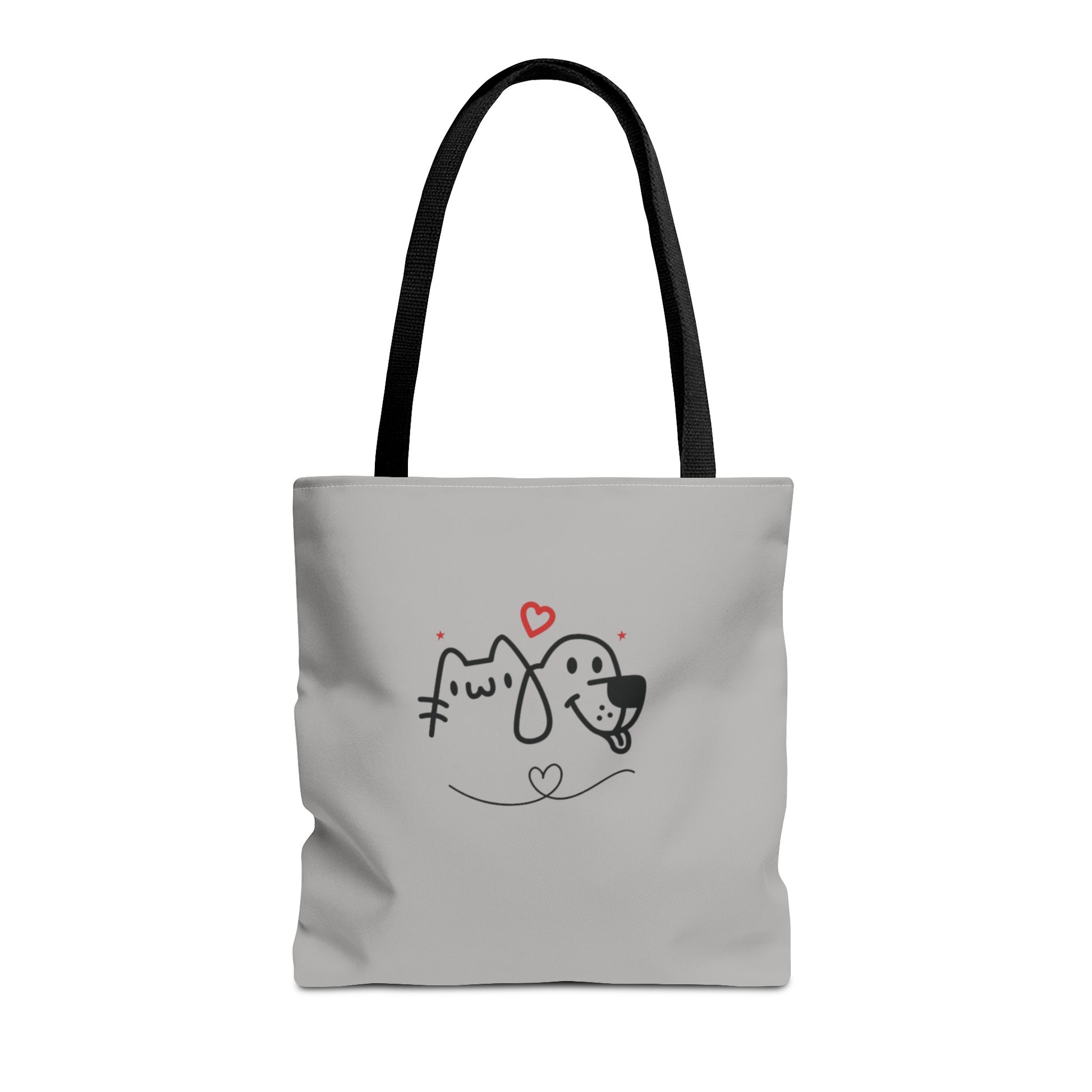 Printify cute dog lover tote bag with black handles and cartoon cat and dog design