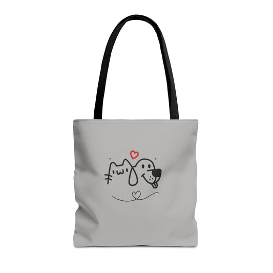 Printify cute dog lover tote bag with black handles and cartoon cat and dog design