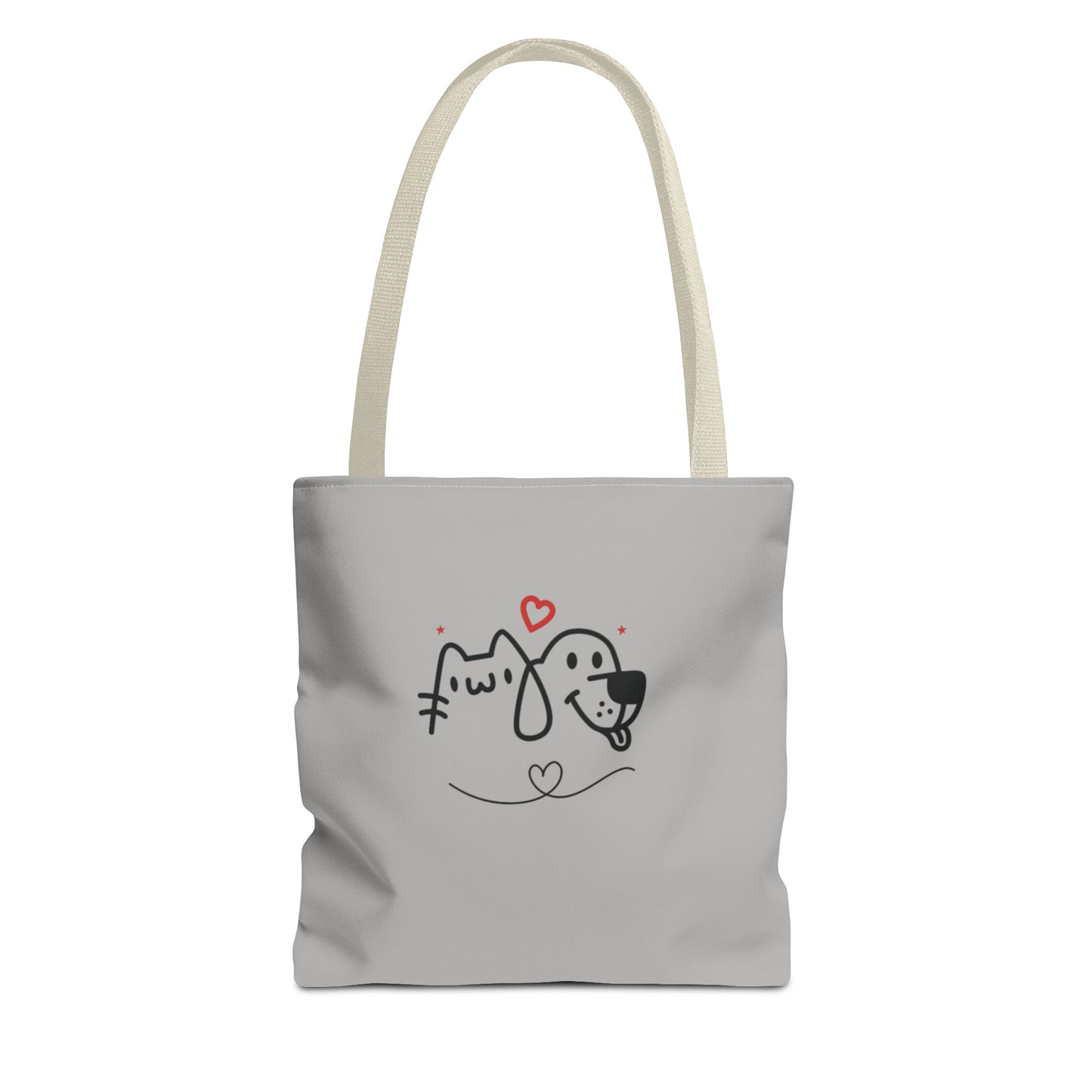 Cute dog lover tote bag with simple black and white cat and dog illustration and red hearts