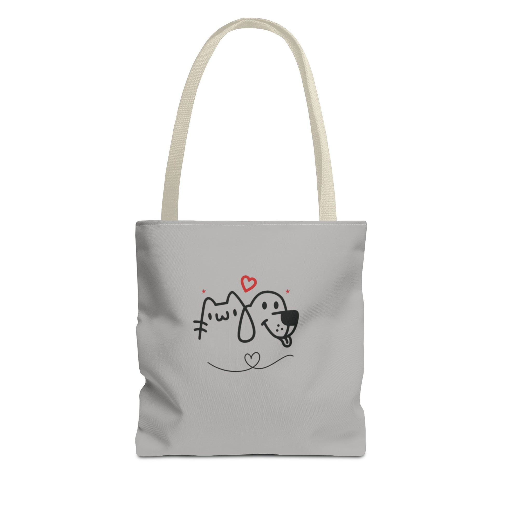 Cute dog lover tote bag with simple black and white cat and dog illustration and red hearts