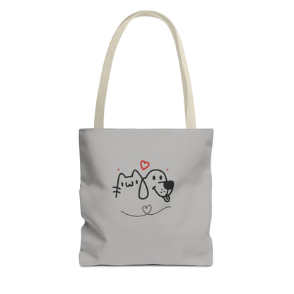 Cute dog lover tote bag with simple black and white cat and dog illustration and red hearts