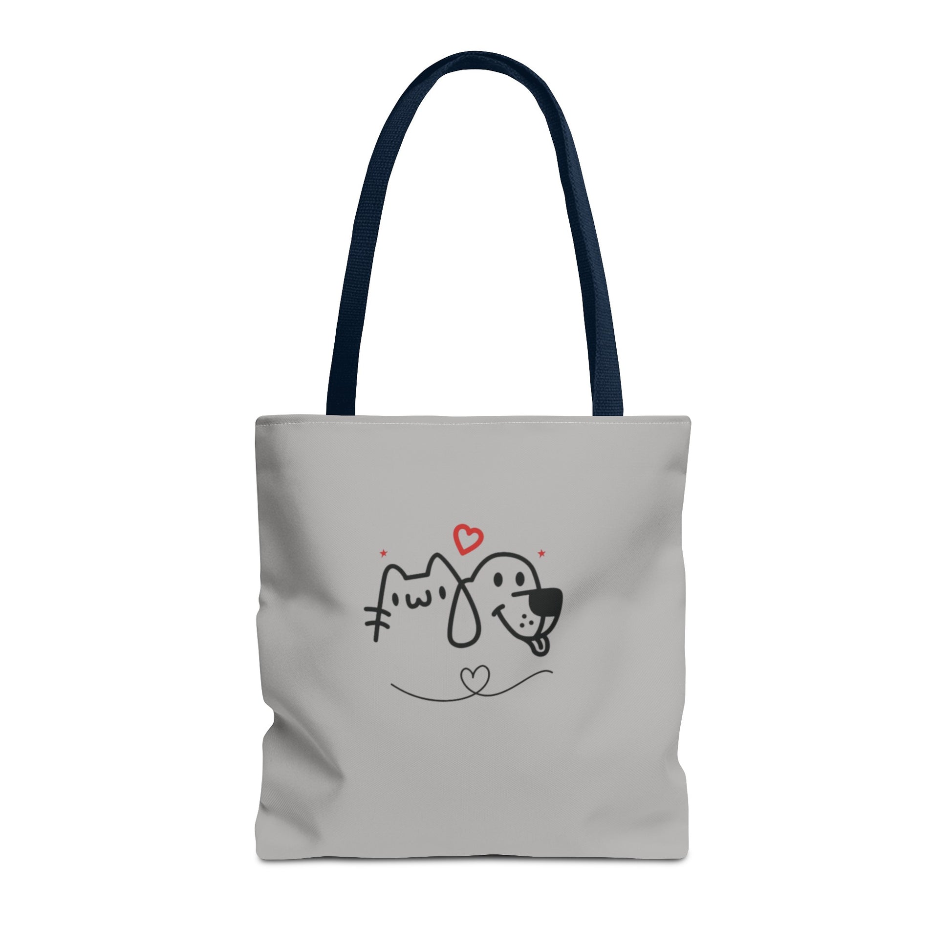 Printify cute dog lover tote bag with a simple cartoon dog and cat design on a gray background