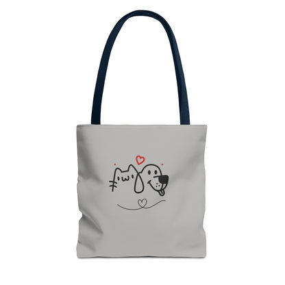 Printify cute dog lover tote bag featuring simple dog and cat illustration with heart design