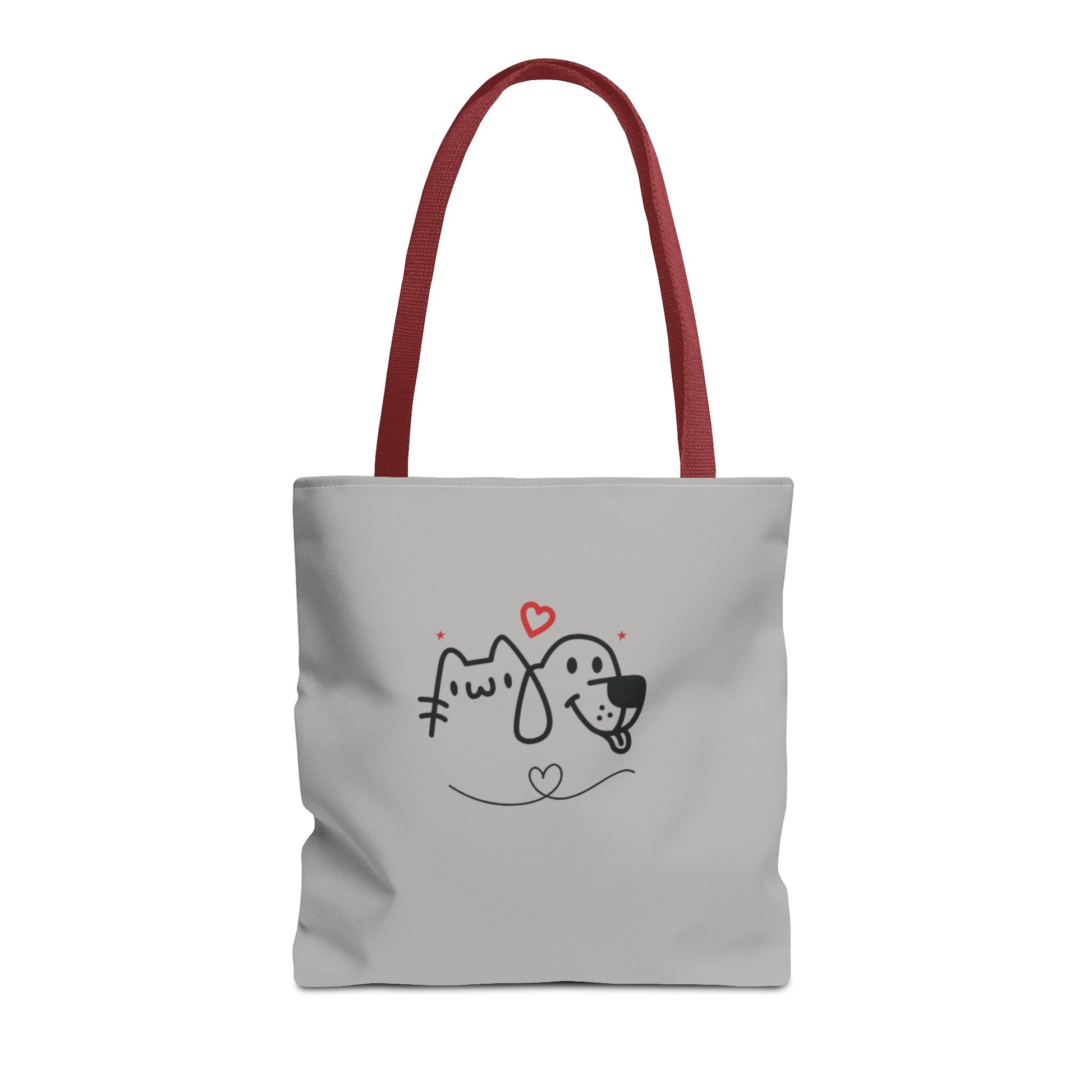 Printify cute dog lover tote bag with cartoon cat and dog design and red handles