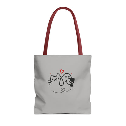 Printify cute dog lover tote bag with cartoon cat and dog design and red handles