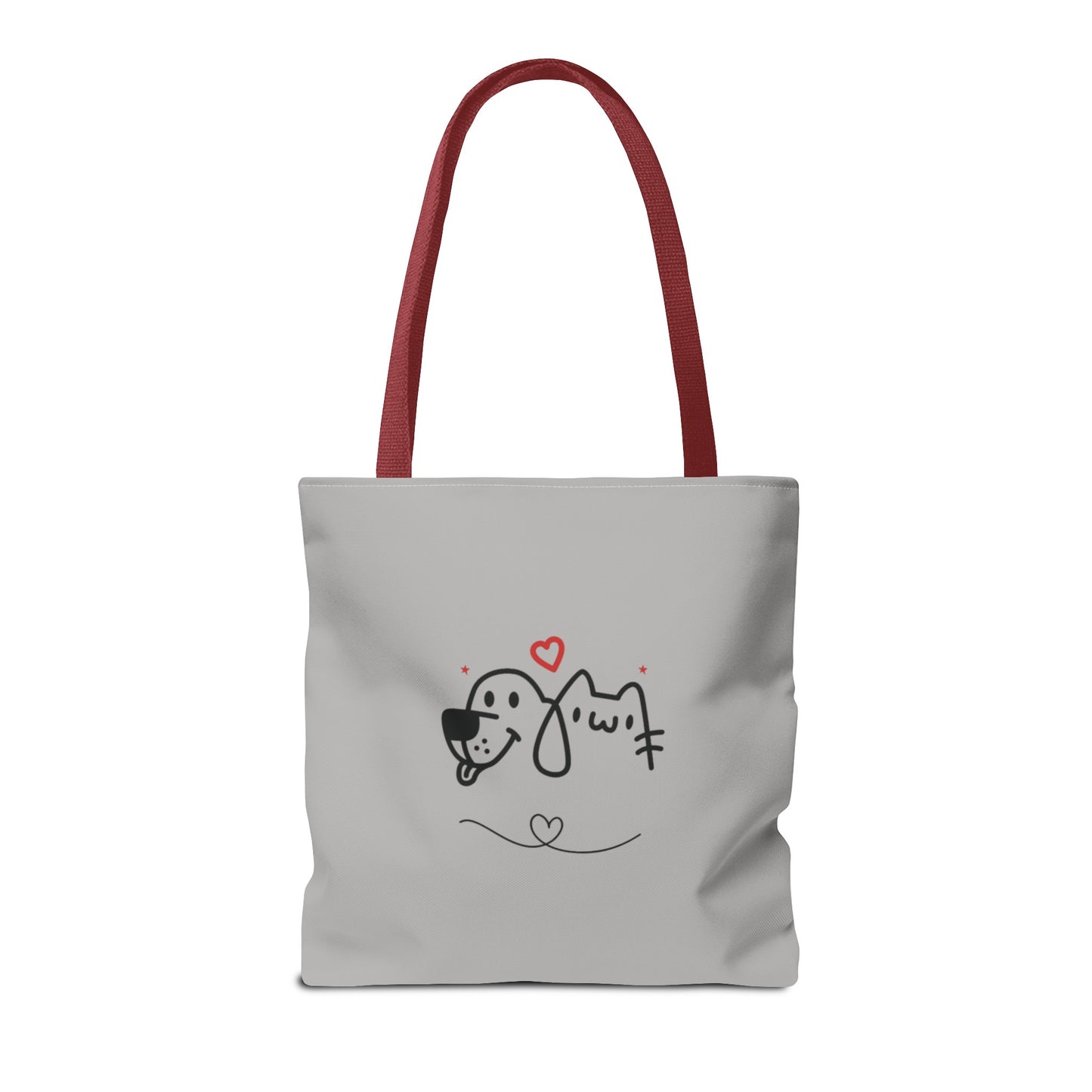 Printify cute dog lover tote bag with red handles and adorable dog and cat graphic design