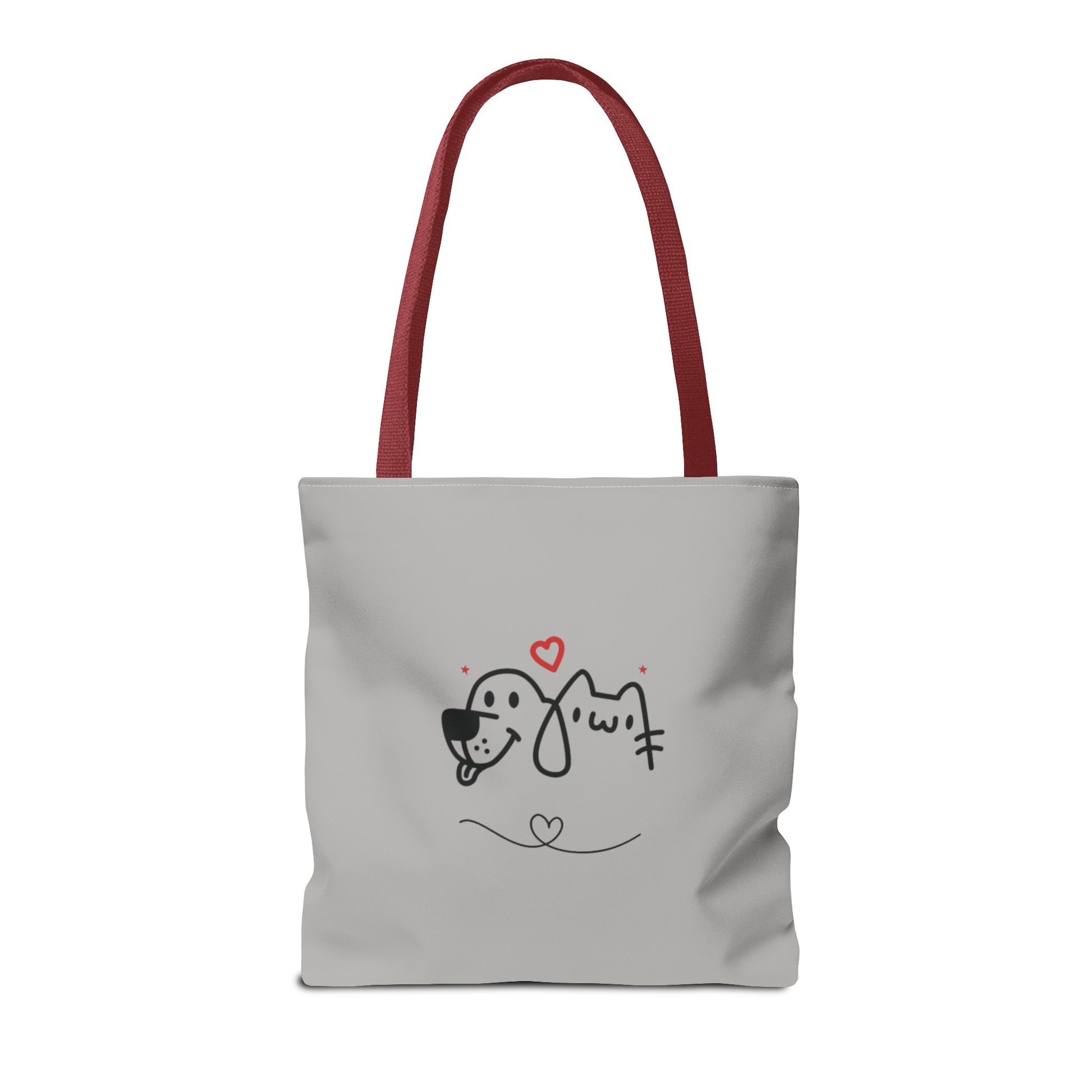Printify cute dog lover tote bag with red handles and adorable dog and cat graphic design