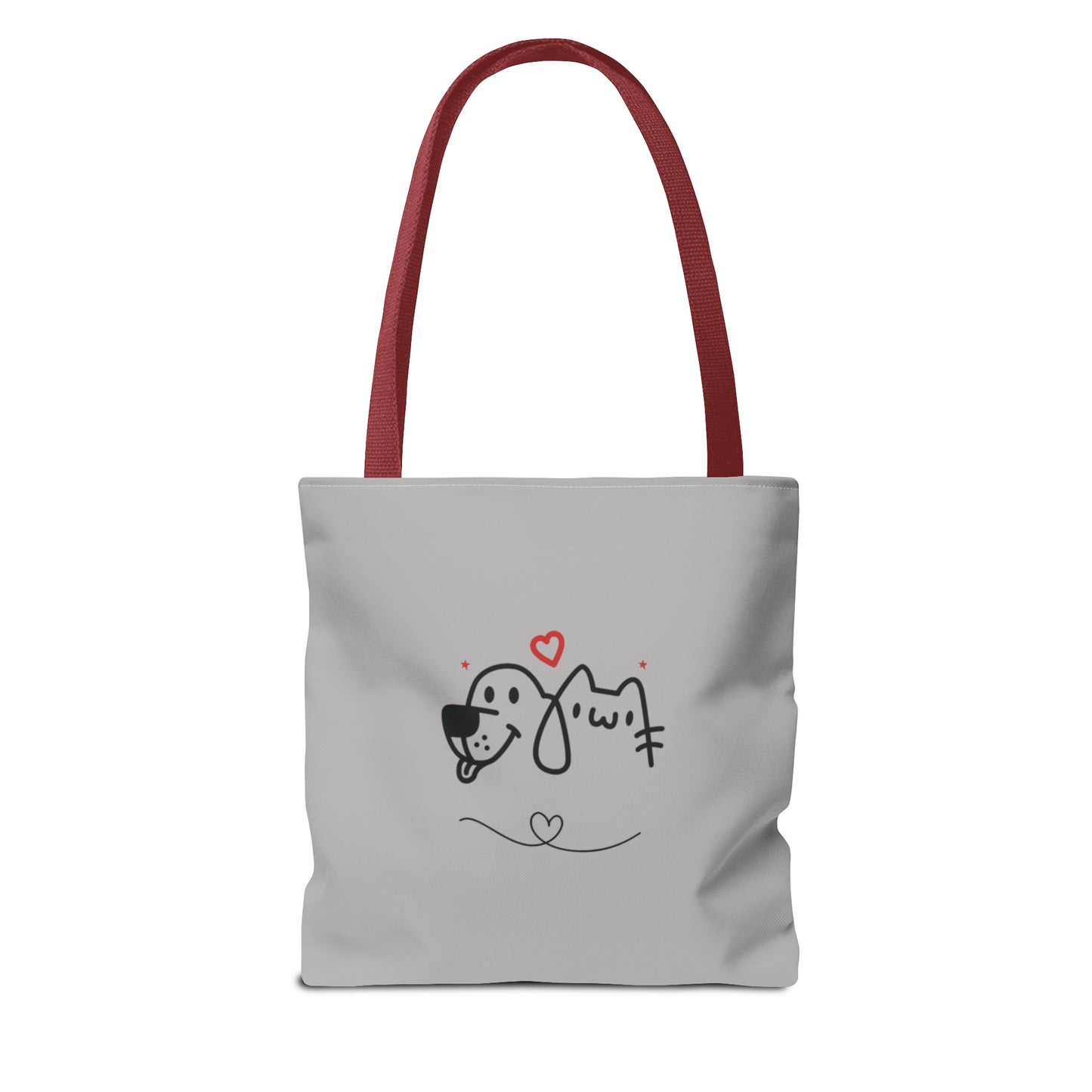 Printify cute dog lover tote bag with simple dog and cat line art and red handles