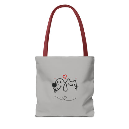 Printify cute dog lover tote bag with simple dog and cat line art and red handles