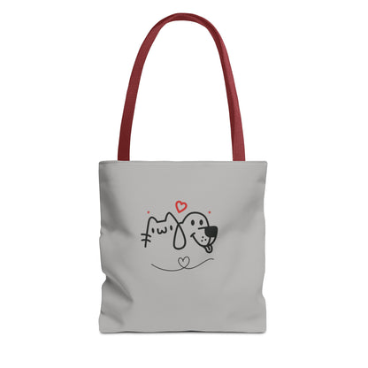Printify cute dog lover tote bag with red handles and a heart-themed dog and cat design