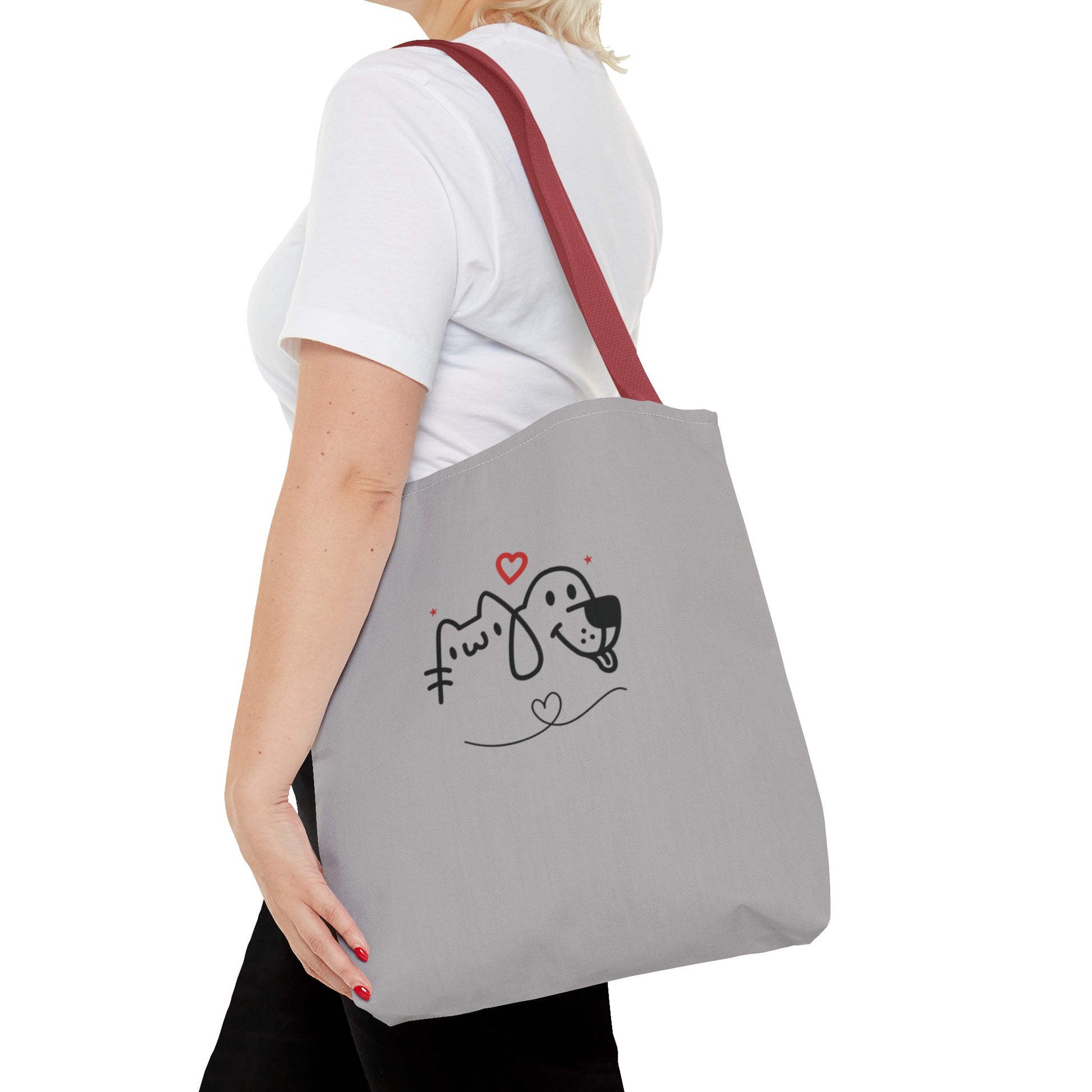 Printify cute dog lover tote bag in gray with red strap featuring dog and cat illustration