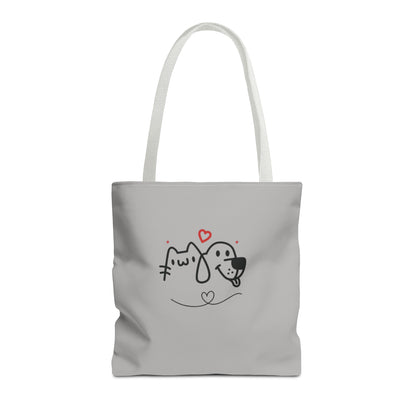 Printify cute dog lover tote bag with simple cat and dog line art and red heart design
