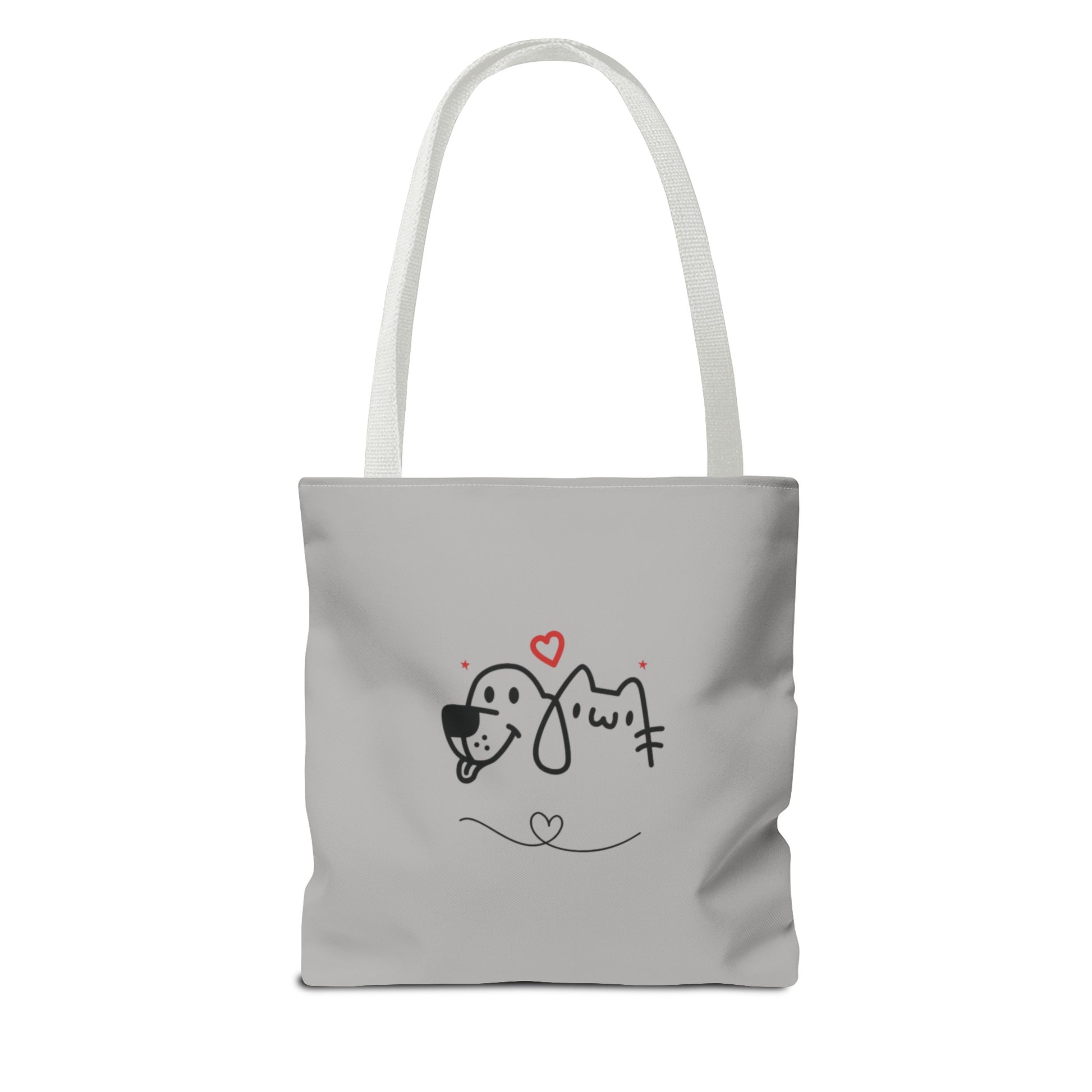 Printify cute dog lover tote bag with simple dog and cat line art design and heart accents
