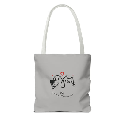 Printify cute dog lover tote bag with simple dog and cat line art design and heart accents