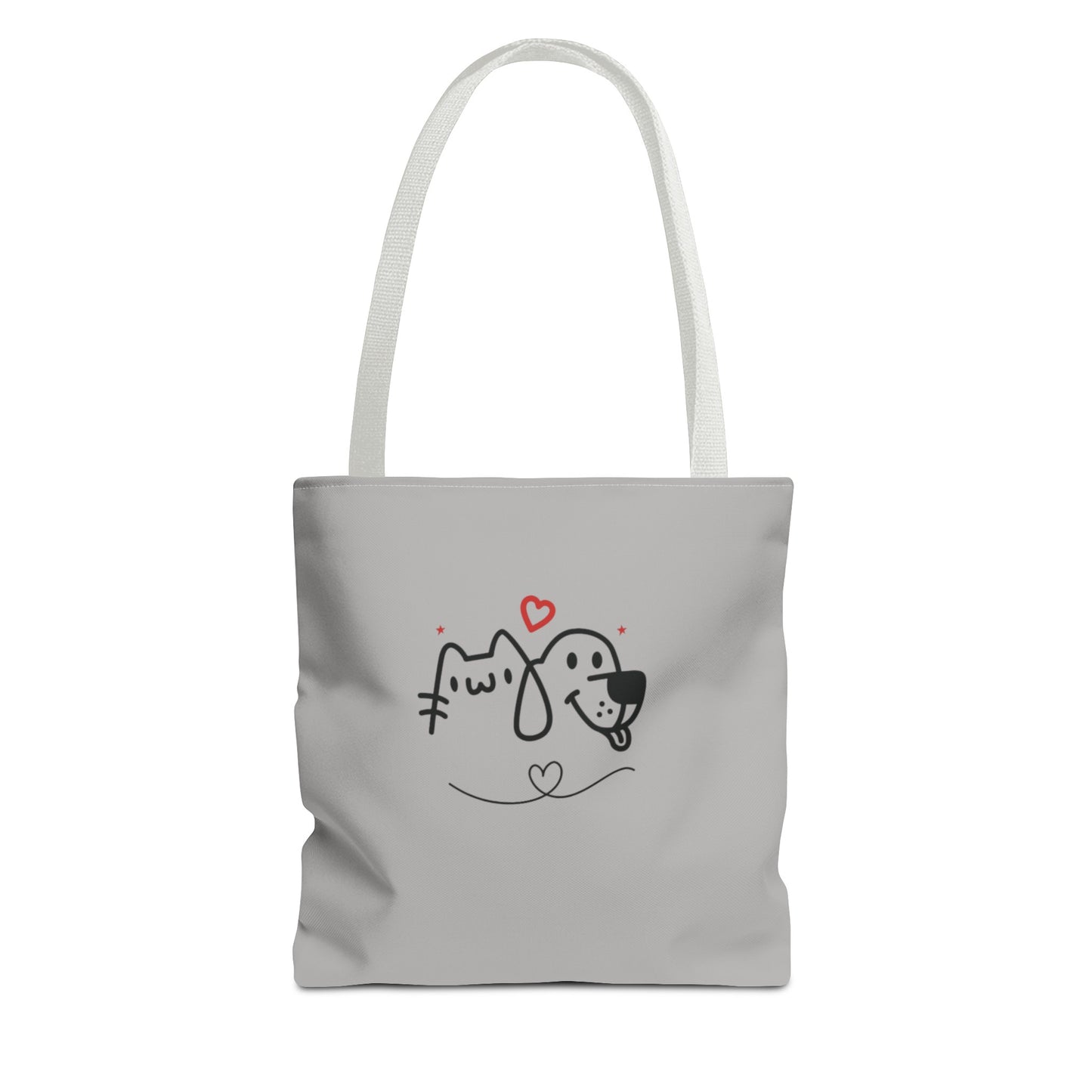 Printify cute dog lover tote bag with simple cartoon cat and dog design and heart accents