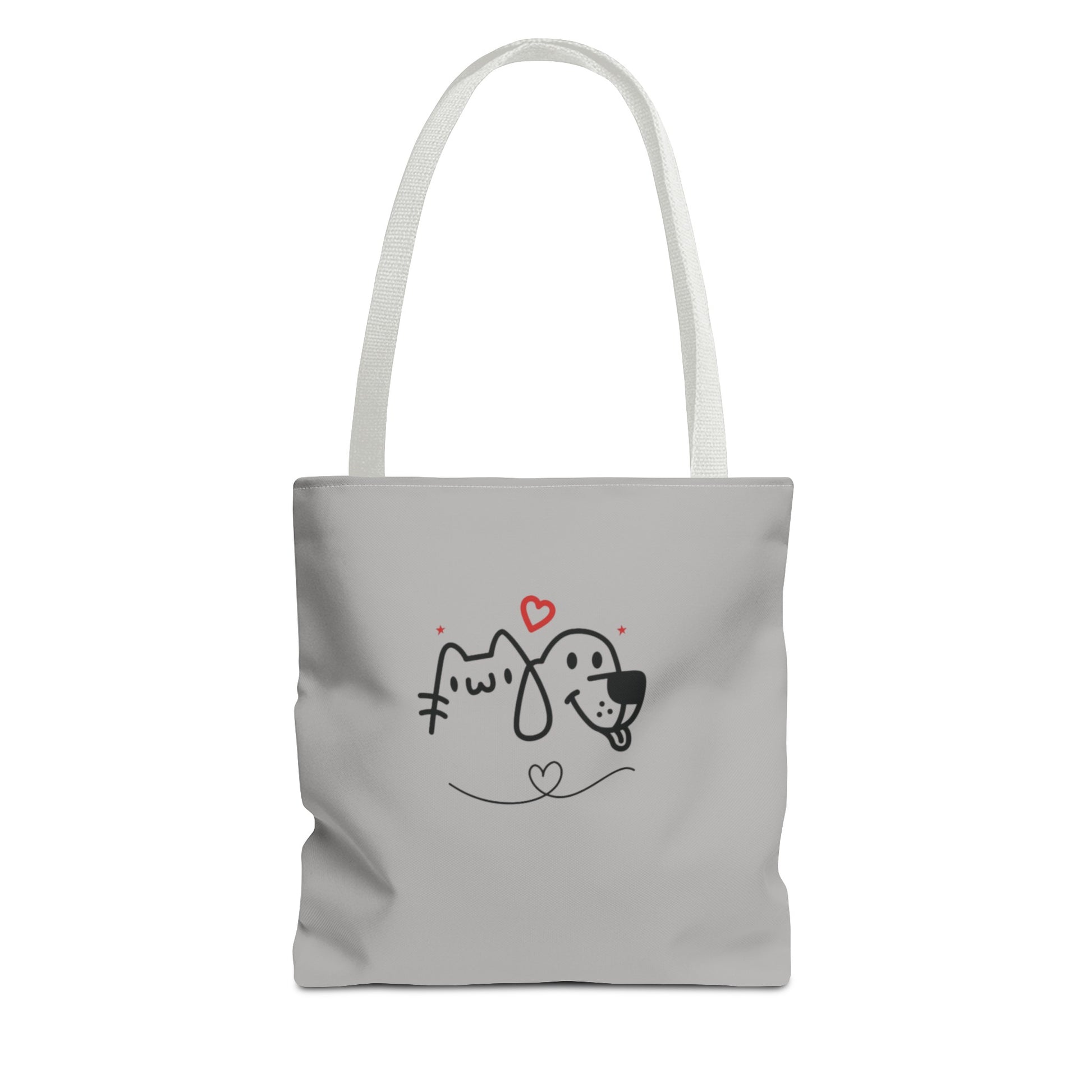 Printify cute dog lover tote bag with simple cartoon cat and dog design and heart accents