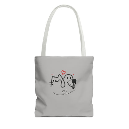 Printify cute dog lover tote bag with simple cartoon cat and dog design and heart accents
