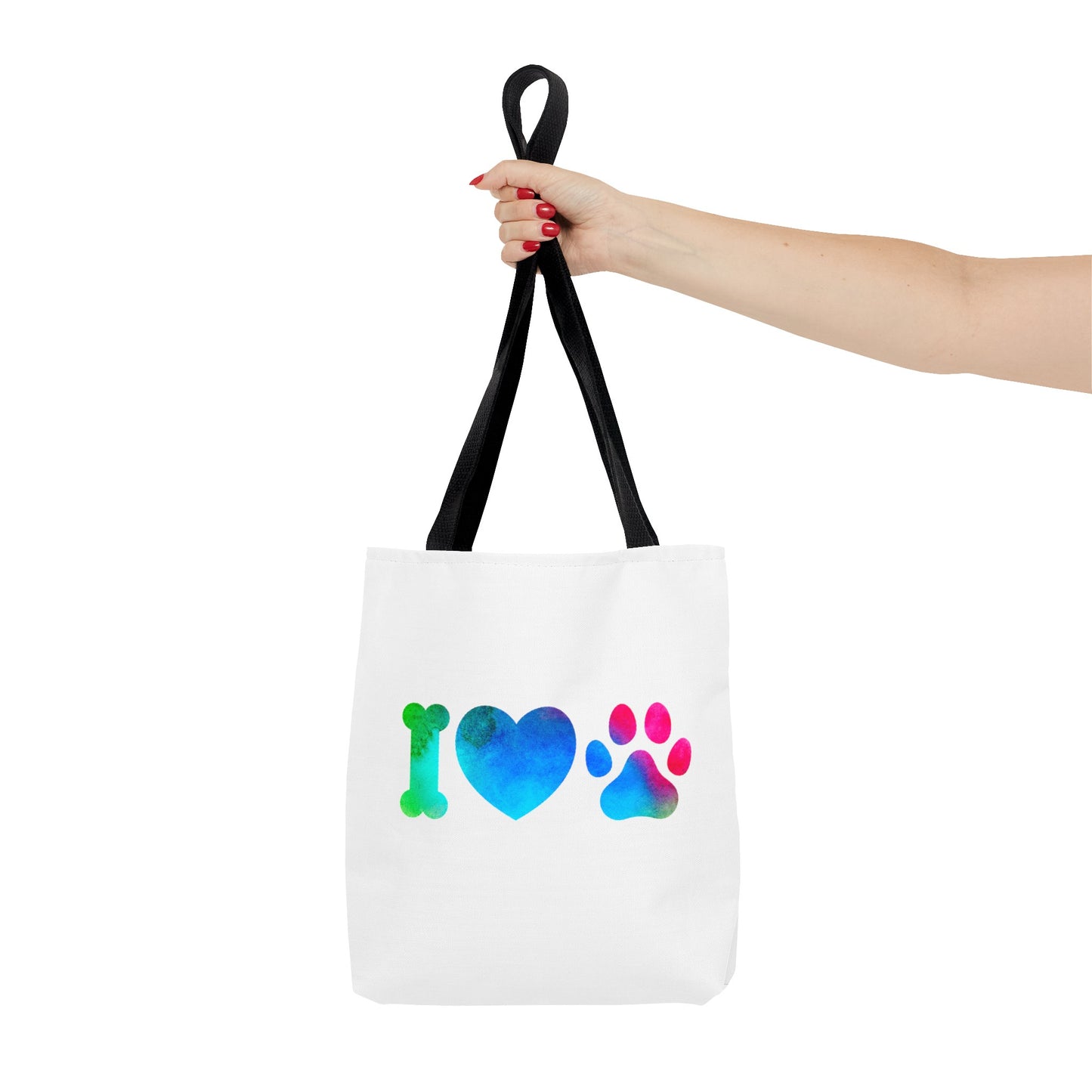 Printify white cute dog lover tote bag with colorful bone heart and paw design held by hand
