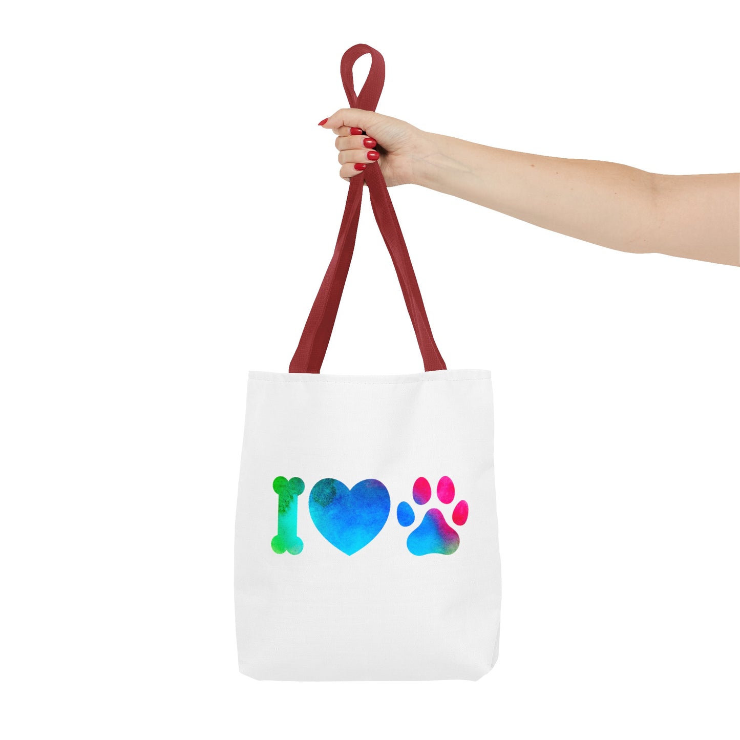 White cute dog lover tote bag with colorful bone heart and paw print design and red handles