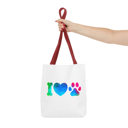White cute dog lover tote bag with colorful bone heart and paw print design and red handles