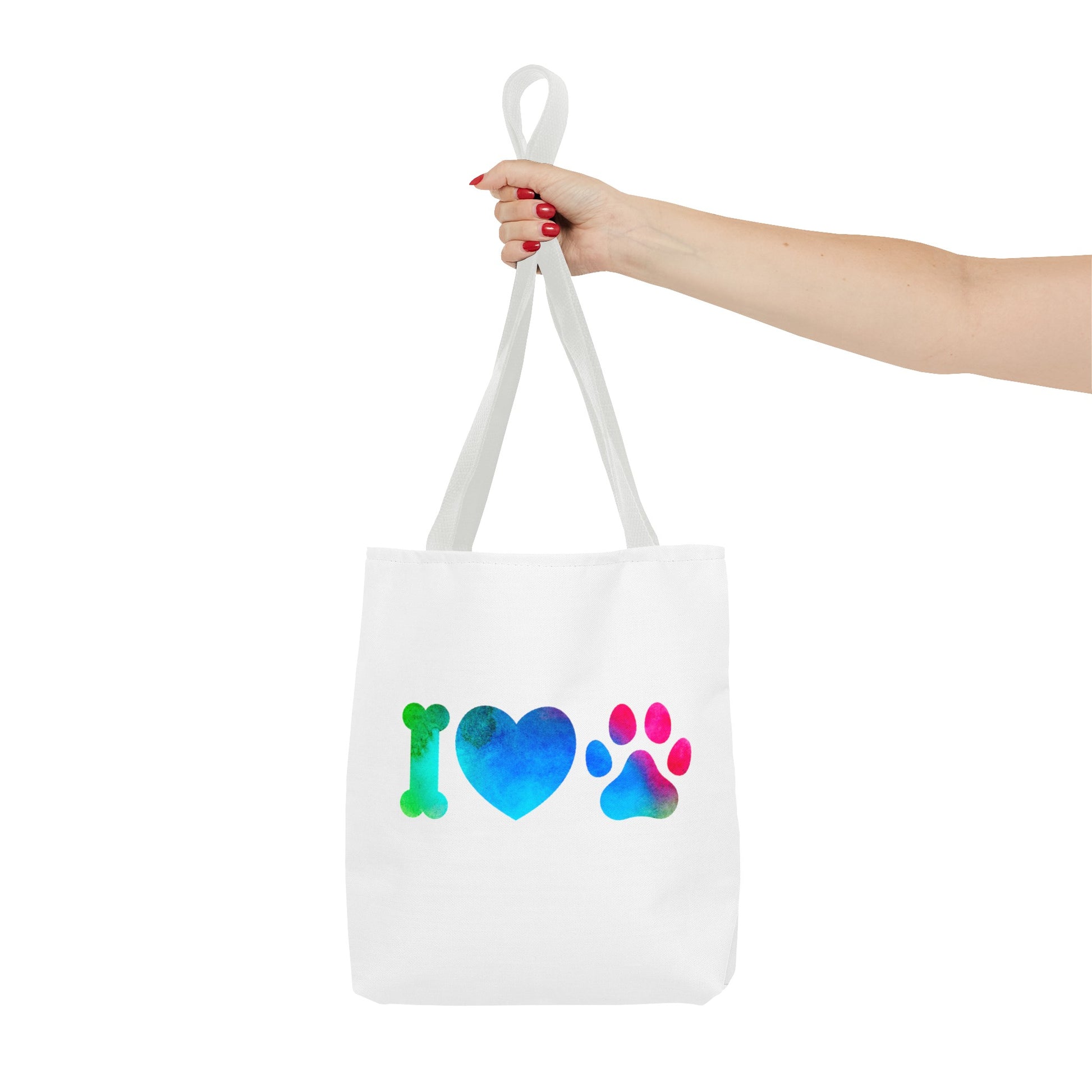 Printify white cute dog lover tote bag with colorful bone heart and paw print design
