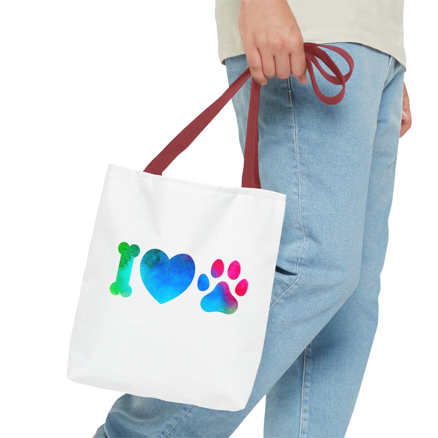 Printify cute dog lover tote bag with colorful paw and heart design and red handles