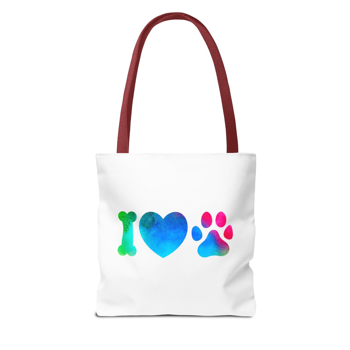 Printify cute dog lover tote bag with colorful bone heart and paw print design on white fabric