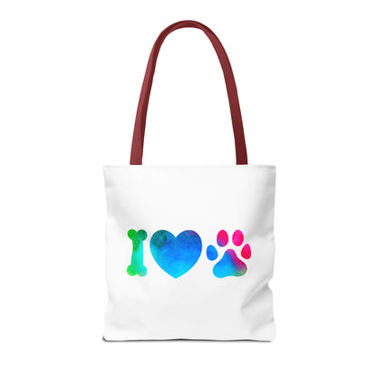 Printify cute dog lover tote bag with colorful bone heart and paw design on white background