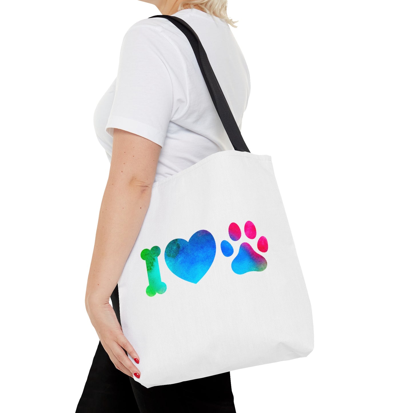 Printify cute dog lover tote bag with colorful bone heart and paw print design in blue and pink